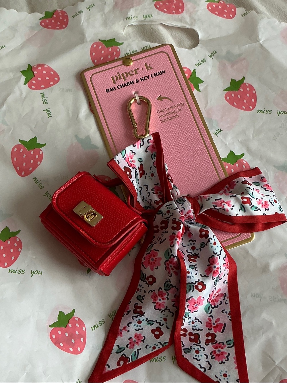Piper Red Bag Charm & Key Chain with Floral Scarf Tie